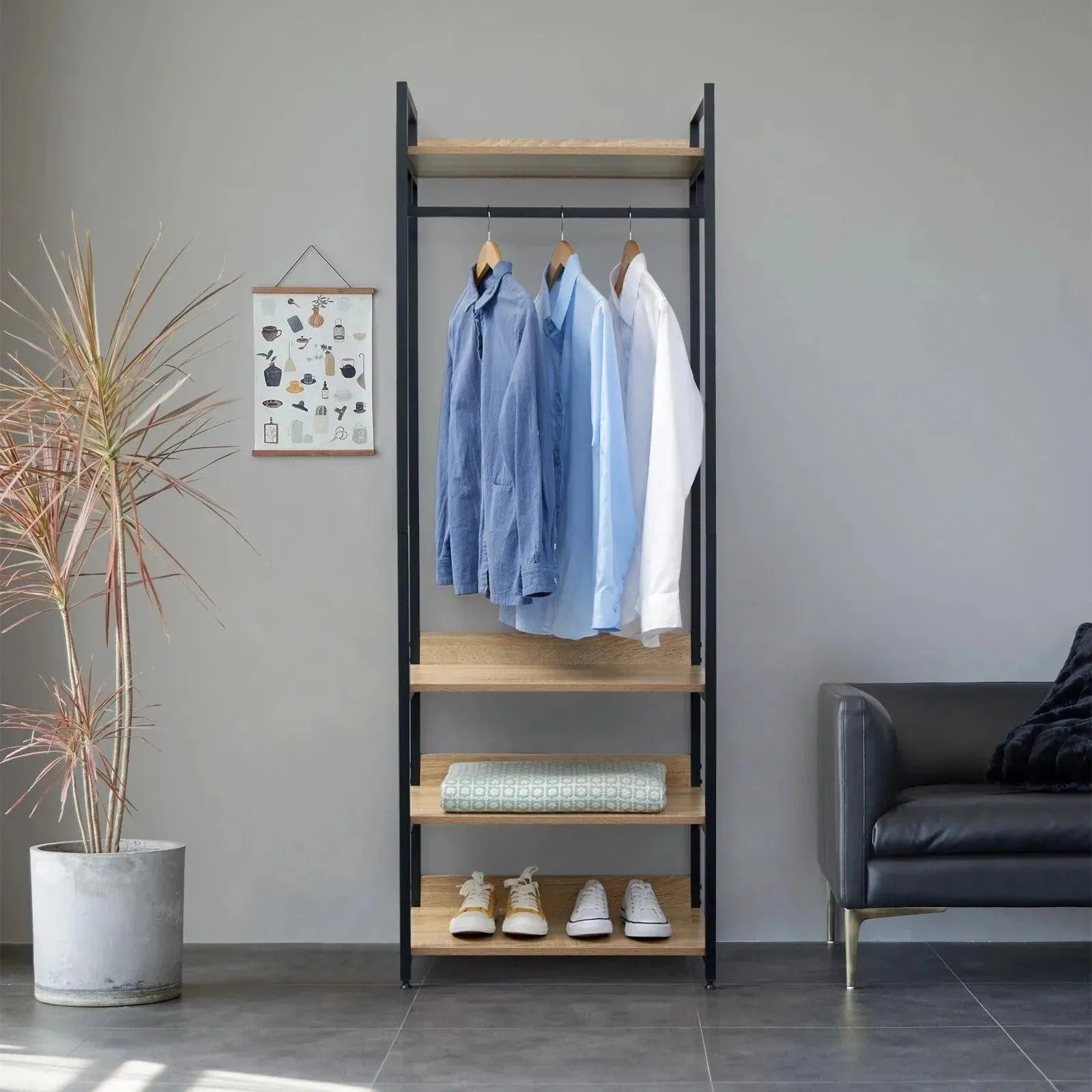 Feronza® Kledingrek met 3 Planken - Licht Eikenhouten Kast, Zwart/Wit, Jasrek, Kledingkast, Schoenenrek voor Slaapkamer - Feronza
